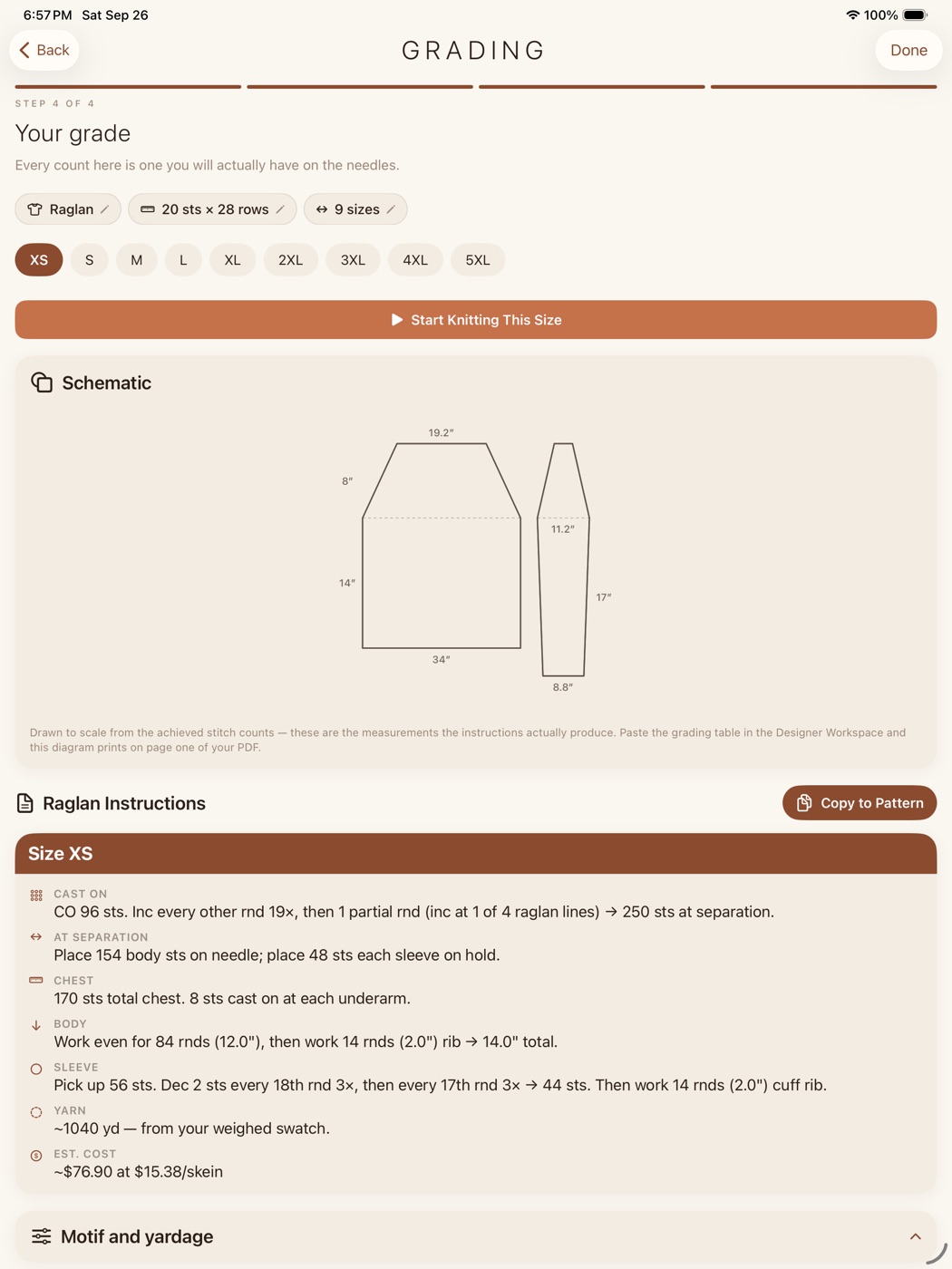 Skein's grading results on iPad: a schematic drawn from the counts and size XS instructions