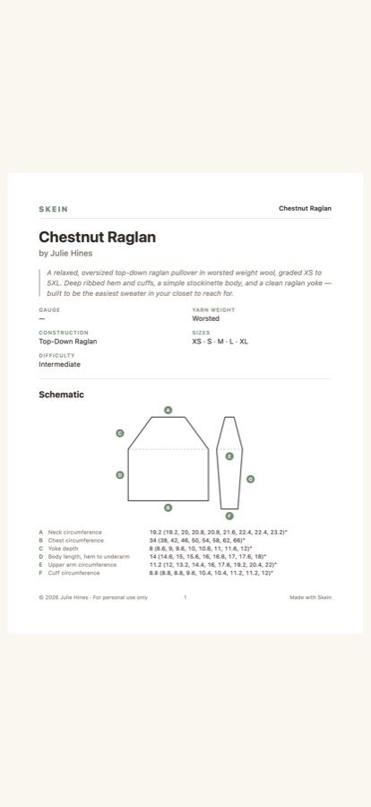 The exported pattern PDF with the schematic and finished measurements